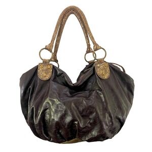 Barney's New York Brown Leather Hobo‎ Bag Purse with Gold Trim